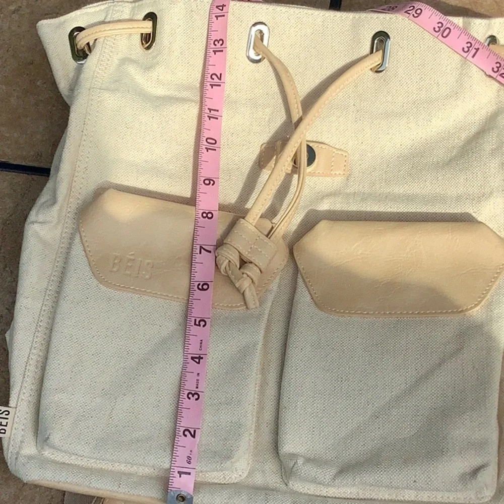 BEIS Cream and Tan Canvas Drawstring Backpack